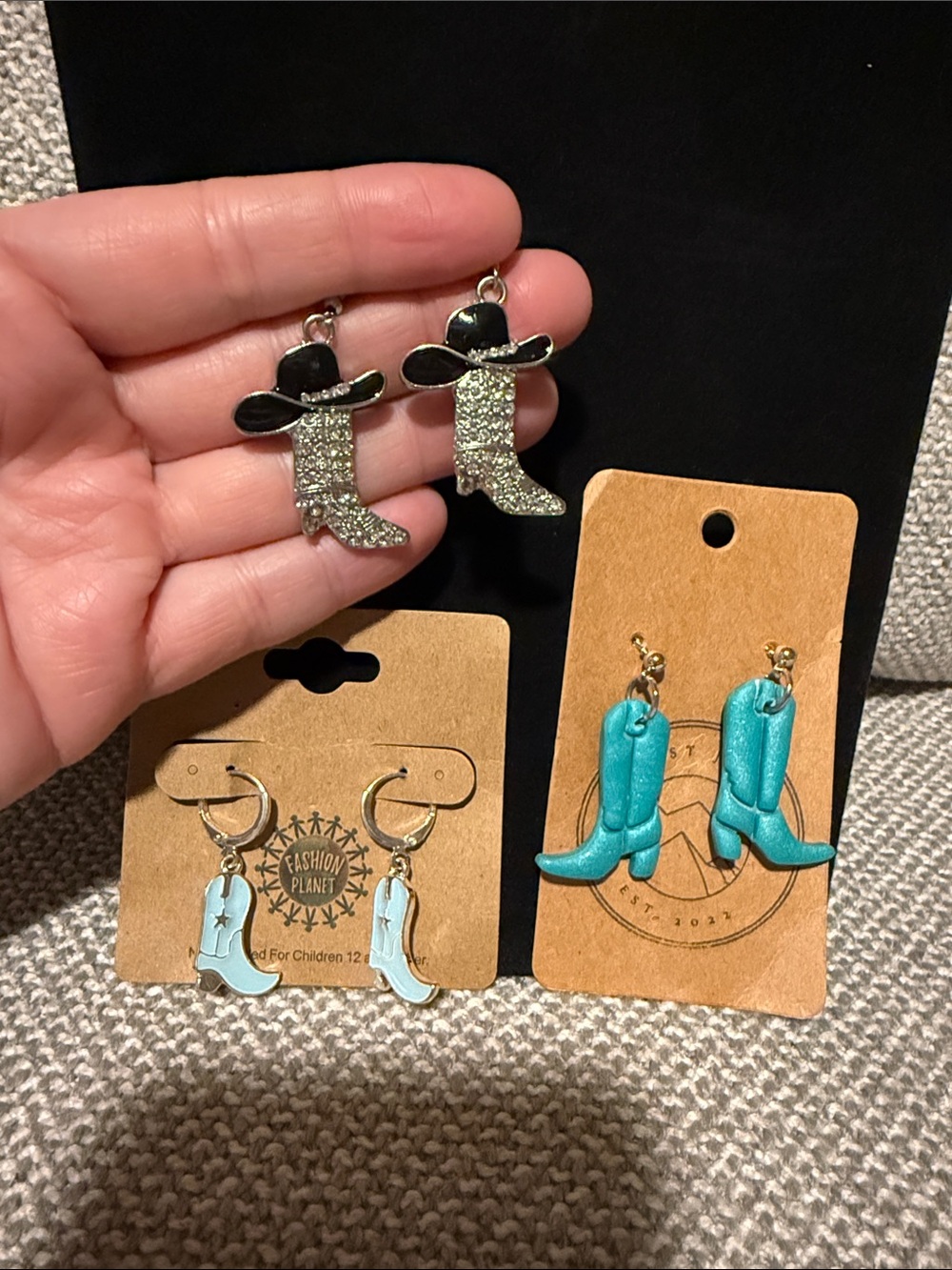Cowboy Boot Earrings - Silver Glitter & Turquoise